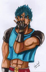  1boy absurdres bad_id bad_twitter_id blue_eyes blue_hair fingerless_gloves gloves highres jojo_no_kimyou_na_bouken jojo_pose jonathan_joestar jonathan_joestar&#039;s_pose_(jojo) looking_at_viewer male_focus phantom_blood pose self-upload short_hair smile solo traditional_media yel_mizuno 