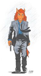  2023 angry anthro bad_trigger_discipline business_suit clothed clothing equid equine female footwear fully gun hair handgun holding_gun holding_handgun holding_object holding_pistol holding_ranged_weapon holding_weapon horse john_wick looking_at_viewer mammal orange_body pistol pony rabbi-tom ranged_weapon red_hair red_shetland shetland_pony shoes simple_background solo suit walking weapon 