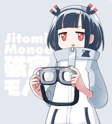  black_hair blunt_bangs character_name female goggles gyari_(imagesdawn)_(style) holding holding_goggles jacy jitomi_monoe looking_at_viewer parted_lips red_eyes red_nails smile solo upper_body virtual_youtuber voms 