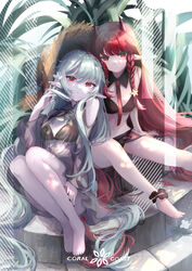  2girls arknights bare_legs bare_shoulders barefoot bikini black_bikini black_nails braid breasts brown_headwear closed_mouth commentary_request eyebrows_hidden_by_hair flower grey_hair hair_flower hair_ornament hat hemorina highres horns long_hair looking_at_viewer multiple_girls nail_polish navel necktie official_alternate_costume pointy_ears red_eyes red_hair red_necktie see-through sitting small_breasts star_(symbol) star_hair_ornament straw_hat swimsuit twin_braids very_long_hair vigna_(arknights) vigna_(casual_vacation)_(arknights) warfarin_(arknights) warfarin_(casual_vacation)_(arknights) 