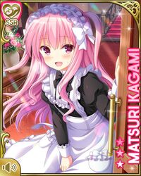  :d apron black_dress blush character_name door doorway dress female flower girlfriend_(kari) indoors juliet_sleeves kagami_matsuri leaning_forward long_hair long_sleeves looking_at_viewer maid maid_headdress official_art open_door open_mouth pink_eyes pink_hair puffy_sleeves qp:flapper rose smile solo stairs two_side_up vase white_apron 