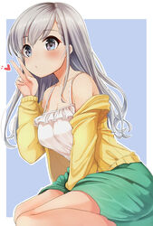  between_legs blue_background blush braid braided_bangs breasts camisole cleavage closed_mouth commentary_request female gaichi green_skirt grey_eyes grey_hair hair_between_eyes hand_between_legs hand_up heart highres hisakawa_hayate idolmaster idolmaster_cinderella_girls jacket long_hair long_sleeves medium_breasts off_shoulder open_clothes open_jacket outline skirt solo two-tone_background v very_long_hair white_background white_camisole white_outline yellow_jacket 