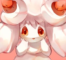  :d alcremie alcremie_(strawberry_sweet) alcremie_(vanilla_cream) commentary english_commentary food fruit jaibus looking_at_viewer no_humans open_mouth pink_background pokemon pokemon_(creature) red_eyes simple_background smile solo strawberry upper_body 