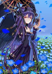  black_wings blue_flower breasts cleavage closed_mouth crying dress eye_mask feathered_wings female field fingernails flower flower_field from_side highres holding holding_mask holding_scythe horns juliet_sleeves large_breasts long_hair long_sleeves looking_at_viewer looking_to_the_side luicent mask nail_polish nemophila_(flower) outdoors pink_nails puffy_sleeves purple_dress purple_hair scythe smile solo standing tears unworn_mask very_long_hair watermark wings z/x 