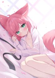  animal_ears bad_id bad_pixiv_id blush breasts cherry_blossoms commission dress_shirt expressionless female fox_ears fox_girl fox_tail green_eyes highres long_sleeves looking_at_viewer lying medium_hair mikaze_oto naked_shirt on_side original pink_hair shirt skeb_commission sleeves_past_wrists small_breasts tail white_shirt 