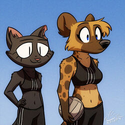  1:1 anthro athletic_wear ball big_breasts black_body black_eyes black_fur black_nose blue_eyes bra breast_size_difference breasts brown_body brown_fur cheek_tuft cleavage clothed clothing diana_machado domestic_cat duo ear_scar ear_tuft eyebrows facial_tuft felid feline felis female fur gradient_background hi_res hyena katnay lil_chatcendre mammal midriff navel outside pink_nose raised_eyebrow scar simple_background size_difference sky small_breasts smile sport sports_bra sports_bra_difference_meme tan_body tan_fur tuft underwear volleyball volleyball_(ball) worn_down_children 