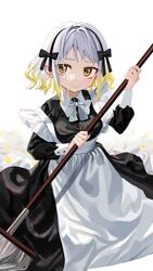  447_records alternate_costume apron black_bow black_dress blonde_hair blush bow bowtie closed_mouth commission dress enmaided female gradient_hair grey_hair hairband hairbow highres holding holding_mop long_sleeves looking_at_viewer luicent maid maid_apron mop multicolored_hair sanpaku skeb_commission solo virtual_youtuber white_apron white_bow white_bowtie yellow_eyes yuzuha_(vtuber) 