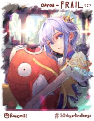  absurdres blue_eyes blue_hair commentary crown english_commentary female hair_intakes head_tilt highres holding looking_at_viewer magikarp medium_hair mini_crown parted_lips pokemon runemill shadowverse shingeki_no_bahamut smile solo spinaria_(shadowverse) 