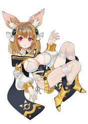  animal_ears bikini blonde_hair buttons cape closed_mouth copyright_request double-breasted female fox_ears full_body hair_ornament hairband hand_up hands_up highres long_sleeves looking_at_viewer luicent medium_hair pink_eyes puffy_long_sleeves puffy_sleeves sanpaku sheer_legwear side-tie_bikini simple_background solo swimsuit thighhighs white_background white_bikini 