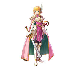  absurdres armor black_thighhighs blonde_hair blue_eyes breastplate cape chachie commentary_request dress elbow_gloves female fire_emblem fire_emblem:_thracia_776 fire_emblem_heroes full_body gloves greaves highres holding holding_sword holding_weapon lands_sword looking_at_viewer nanna_(fire_emblem) official_art pauldrons pink_cape pink_dress short_hair shoulder_armor simple_background smile solo standing sword thighhighs weapon white_armor white_background white_gloves wing_hair_ornament 