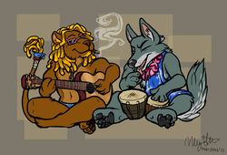  2010 4_fingers animal_crossing anthro black_paws blue_bottomwear blue_clothing blue_topwear bongo_drum bottomwear brown_body brown_fur brown_pawpads bud_(animal_crossing) canid canine canis clothed clothing crossed_legs dobie_(animal_crossing) dreadlocks drugs drum duo eyewear fangs felid fingers floral flower flower_garland fur garland grey_body grey_fur guitar jewelry lei lion male mammal marijuana marisama musical_instrument navel necklace nintendo open_mouth pantherine pawpads percussion_instrument plant plucked_string_instrument sitting smoking string_instrument sunglasses teeth tongue tongue_out topless topwear wolf 