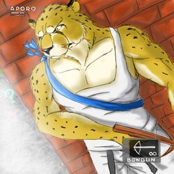  1:1 2007 action_52 anthro apollo_(cheetahmen) archived_source black_nose bottomwear cheetah cheetahmen clothing felid feline humanoid_hands male mammal muscular muscular_anthro muscular_male pants poisonkinoko shirt solo text topwear weapon 