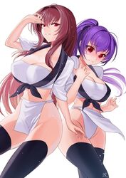  2girls asakou_(n_morninglight) bad_id bad_pixiv_id blush breasts fate/grand_order fate_(series) hair_between_eyes hair_ribbon highres large_breasts long_hair looking_at_viewer multiple_girls ponytail purple_hair purple_ribbon red_eyes ribbon scathach_(fate) scathach_skadi_(fate) smile thighs 