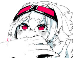  1other ^^^ absurdres biting biting_another&#039;s_hand blush crossed_bangs female goggles goggles_on_head hair_between_eyes highres looking_up medium_hair niwamaru_(niwarhythm) niwarhythm original red_eyes solo_focus upturned_eyes 