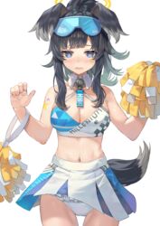  animal_ears arm_tattoo black_hair blue_archive blue_eyes blush breasts cheerleader cleavage clothes_lift commentary_request cowboy_shot crop_top dog_ears dog_tail female frilled_panties frills goggles goggles_on_head halo hibiki_(blue_archive) hibiki_(cheer_squad)_(blue_archive) highres holding holding_pom_poms medium_breasts midriff millennium_cheerleader_outfit_(blue_archive) navel official_alternate_costume panties parted_lips pom_pom_(cheerleading) ponytail rangen sidelocks simple_background skirt skirt_lift solo standing star_tattoo stomach tail tattoo underwear white_background white_panties white_skirt 