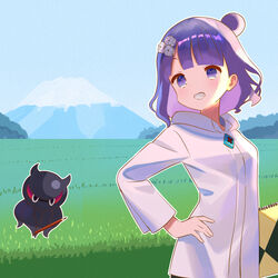  blue_sky breasts day fate/grand_order fate_(series) female field grass grin hair_bun hair_ornament highres hood hoodie katsushika_hokusai_(fate) katsushika_hokusai_(traveling_outfit)_(fate) long_sleeves mountain octopus official_alternate_costume outdoors pencil purple_eyes purple_hair scenery single_hair_bun sketchbook sky small_breasts smile tokitarou_(fate) white_hoodie zenshin 