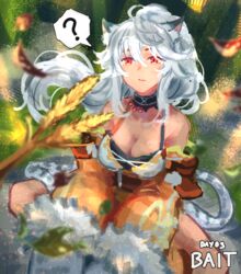  ? animal_ears breasts cat_ears cat_tail cat_teaser cleavage closed_mouth commentary english_commentary female grey_hair highres ladica_(shadowverse) long_sleeves looking_at_viewer medium_breasts ponytail red_eyes runemill shadowverse sitting solo spoken_question_mark tail 