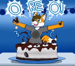  2023 absurd_res anthro birthday_cake black_body black_fur black_nose blue_background brown_hair cake canid canine cookie dessert dialogue dipstick_ears dipstick_tail ear_markings feet felino food foot_grab fox fur furniture gradient_background hair hi_res inner_ear_fluff male mammal markings multicolored_ears on_table orange_body orange_fur oreo_cookie pop_out_cake sharp_teeth simple_background solo speech_bubble table tail tail_markings teeth tuft white_body white_fur white_inner_ear yelling 