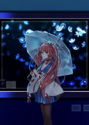  absurdres aquarium blue_eyes bow chinese_commentary choker commentary_request cowboy_shot female grate hairbow highres holding holding_umbrella indoors information_sheet jellyfish label legs long_hair looking_at_viewer n.s.egg pantyhose parted_lips red_hair ribbon-trimmed_sleeves ribbon_trim sailor_collar skirt solo taihou_(warship_girls_r) twintails umbrella very_long_hair warship_girls_r window 