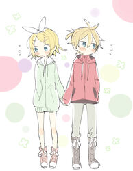  1boy averting_eyes blonde_hair blue_eyes blush boots commentary couple drawstring female flower flying_sweatdrops full_body green_jacket hand_in_pocket holding_hands hood hooded_jacket jacket kagamine_len kagamine_rin kimipedia_(vocaloid) looking_away nervous red_jacket shoes shy sneakers standing straight suzumi_(fallxalice) sweatdrop vocaloid wavy_mouth 