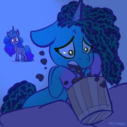  1:1 blue_theme bucket container cool_colors duo eating equid equine female food hasbro hi_res horn izzy_moonbow_(mlp) mammal misty_brightdawn_(mlp) mlp_g5 my_little_pony mythological_creature mythological_equine mythology pfeffaroo popcorn solo_focus tail teeth unicorn 