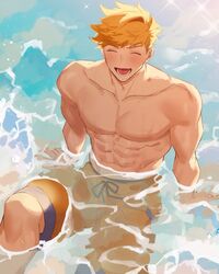  1boy abs bara blonde_hair blush closed_eyes day granblue_fantasy higashigunkan large_pectorals male_focus male_swimwear muscular muscular_male navel nipples official_alternate_costume orange_male_swimwear outdoors pectorals short_hair smile solo topless_male vane_(granblue_fantasy) vane_(summer)_(granblue_fantasy) water 