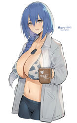  2021 animal_print bikini bikini_top blue_hair braid breasts chinese_zodiac cleavage cow_print cowboy_shot cup dog_tags dp-12_(girls_frontline) eyebrows_visible_through_hair female girls_frontline grey_eyes hair_between_eyes happy_new_year highres huge_breasts long_hair looking_at_viewer midriff mug navel new_year open_clothes open_shirt pandea_work print_bikini shirt single_braid smile solo swimsuit white_background white_shirt year_of_the_ox 