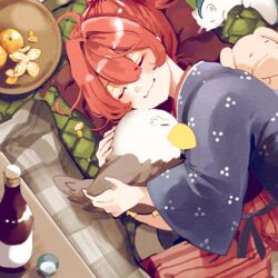  :3 ahoge azuma_aya blush bottle commentary_request female food fruit hair_between_eyes hair_bobbles hair_ornament haori indoors japanese_clothes kotatsu lying mandarin_orange medium_hair on_side onozuka_komachi orange_(fruit) raijuu red_hair sleeping smile solo table touhou tray two_side_up wine_bottle 