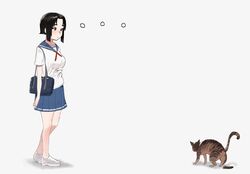  ... animal_focus bag black_hair blue_sailor_collar blue_skirt blush brown_eyes closed_mouth commentary feline female from_side godekasu highres neck_ribbon original pleated_skirt red_ribbon ribbon sailor_collar school_bag school_uniform serafuku shirt shit shoes short_hair short_sleeves shoulder_bag simple_background skirt solo symbol-only_commentary white_background white_footwear white_shirt 