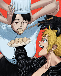  2girls absurdres arthropod_limbs black_hair black_horns blonde_hair blood blood_from_eyes chainsaw_man chef chef_hat closed_eyes crossover disembodied_head dorohedoro dumpling extra_arms falling_devil_(chainsaw_man) flat_top_chef_hat food hat highres holding holding_head holding_plate horns ibumuc jiaozi multiple_girls nikaidou_(dorohedoro) plate red_eyes severed_head 