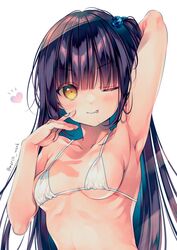  :p arm_up armpits bikini black_hair blue_hair blush breasts commentary_request female hair_bobbles hair_ornament heart highres hinako_note long_hair looking_at_viewer march-bunny multicolored_hair nakajima_yua one_eye_closed one_side_up simple_background small_breasts solo swimsuit tongue tongue_out twitter_username upper_body very_long_hair white_background white_bikini yellow_eyes 