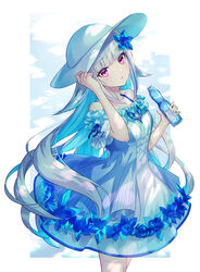  :o arm_up bare_legs blue_dress blue_flower blue_hair blue_sky blunt_bangs border cloud colored_inner_hair commentary cowboy_shot dappled_sunlight dress drink female flower frilled_dress frills hair_flower hair_ornament hand_up hat highres holding holding_drink iku2727 lize_helesta lize_helesta_(2nd_costume) long_hair multicolored_hair nijisanji outdoors pink_eyes ramune simple_background sky solo streaked_hair sun_hat sunlight virtual_youtuber white_background white_hair white_hat 