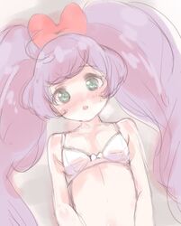  blush bow bra female green_eyes hairbow hyakumangoku_masurao long_hair looking_at_viewer lying manaka_laala on_back open_mouth pretty_series pripara purple_hair solo twintails underwear 