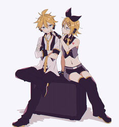  1boy bare_shoulders belt black_bow black_gloves black_legwear black_pants black_skirt black_star_(module) blonde_hair blue_eyes blue_moon_(module) bow cheek_poking commentary crop_top crossed_arms female fingerless_gloves full_body gloves grey_shirt hair_ornament hairbow hairclip headphones kagamine_len kagamine_rin kodoku_no_hate_(vocaloid) leg_up miniskirt necktie pants poking project_diva_(series) shirt short_hair short_necktie sitting skirt sleeveless sleeveless_shirt speaker spiked_hair suzumi_(fallxalice) swept_bangs thighhighs v-shaped_eyebrows vocaloid white_shirt yellow_necktie 