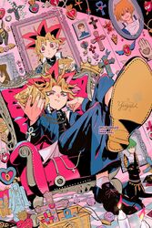  1boy ankh candle chair cross crossed_legs fujiharu_(akamine) highres honda_hiroto jonouchi_katsuya kaiba_seto looking_at_viewer male_focus mazaki_anzu millennium_puzzle muto_yugi painting_(object) signature twitter_username yami_yugi yu-gi-oh! yu-gi-oh!_(toei) 