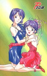  1990s_(style) 2girls anklet arms_around_waist blue_dress blush bracelet dress elbow_gloves gloves hair_ornament hands_on_another&#039;s_shoulders high_heels jewelry kasumi_(super_real_mahjong) kneeling looking_at_viewer miki_(super_real_mahjong) multiple_girls non-web_source nose_blush official_art open_mouth pumps purple_eyes purple_hair red_dress red_footwear red_gloves retro_artstyle scan short_hair smile super_real_mahjong tanaka_ryou 