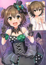  +++ :d akagi_miria bare_shoulders black_dress black_gloves blush breasts brown_eyes brown_hair claw_pose closed_mouth commentary_request demon_tail dress fangs female gaichi gloves hair_between_eyes hands_up heart highres idolmaster idolmaster_cinderella_girls long_sleeves looking_at_viewer multiple_views notice_lines open_mouth plaid polka_dot scar scar_on_cheek scar_on_face shirt short_hair small_breasts smile tail translation_request two_side_up white_shirt 