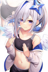  absurdres adapted_costume alternate_hairstyle amane_kanata amane_kanata_(work) angel_wings bare_shoulders black_sports_bra blue_hair blush breast_conscious closed_mouth collarbone colored_inner_hair commentary_request eyes_visible_through_hair female flat_chest grey_hair hair_over_one_eye hand_on_own_chest highres hololive jacket long_hair long_sleeves looking_at_viewer multicolored_hair multiple_views navel off_shoulder official_alternate_costume open_clothes open_jacket pink_eyes ponytail purple_eyes sidelocks simple_background single_hair_intake sports_bra stomach streaked_hair tsukasa_tsubasa upper_body virtual_youtuber white_background white_jacket wings zoom_layer 