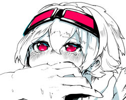  absurdres biting biting_another&#039;s_hand blush crossed_bangs female goggles goggles_on_head hair_between_eyes highres looking_up medium_hair niwamaru_(niwarhythm) niwarhythm original red_eyes solo_focus tearing_up tears upturned_eyes 