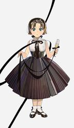  black_dress black_footwear black_ribbon blue_eyes champagne_flute cup dress drinking_glass female full_body highres holding holding_cup kuribulb looking_at_viewer original parted_lips ribbon shoes simple_background sleeveless sleeveless_dress socks solo white_background white_socks 