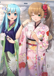  2girls :d asa_no_ha_(pattern) blue_eyes blue_hair breasts brown_hair chinese_zodiac chrysanthemum_print commentary_request dated ensemble_girls! floral_print flower green_eyes green_kimono hair_flower hair_ornament hassaku_tsuyuri hatsumoude holding japanese_clothes kikumon kimono long_hair long_sleeves minami_natsumi multiple_girls nail_polish new_year obi omikuji open_mouth peony_(flower) peony_print pink_kimono pink_nails print_kimono red_flower red_rose rose sarasa_(kanbi) sash shippou_(pattern) side_ponytail signature small_breasts smile twitter_username very_long_hair wide_sleeves year_of_the_ox 