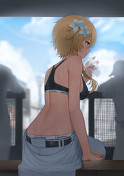  absurdres ayul_(ayulneri_92) back bare_shoulders black_sports_bra blonde_hair blue_sky blush bottle breasts calvin_klein commentary downpants drinking english_commentary female flower genshin_impact hair_flower hair_ornament highres large_breasts lumine_(genshin_impact) medium_hair pants product_placement sidelocks sitting sky solo_focus sports_bra sweat underwear_writing water_bottle white_pants yellow_eyes 