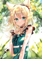  absurdres animal_ear_fluff animal_ears arknights bare_arms bare_shoulders black_bow black_hairband blonde_hair blurry blurry_background blurry_foreground bow closed_mouth commentary day depth_of_field dog_ears dress female green_dress green_eyes hair_between_eyes hairband hairbow highres looking_at_viewer onasu_(nasubinari) outdoors podenco_(arknights) podenco_(wake_up_from_a_nap)_(arknights) sleeveless sleeveless_dress smile solo 