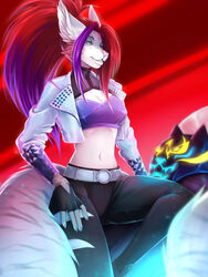  2021 3:4 5_fingers anthro blue_eyes breasts digital_media_(artwork) eyebrows eyelashes female fingers hair hi_res midriff navel purple_hair red_hair smile solo sunnyowi 