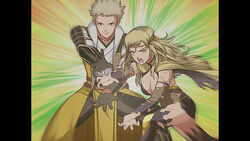  1boy armor black_bridal_gauntlets blonde_hair bodystocking breasts bridal_gauntlets cape circlet cleavage commission commissioner_upload covered_navel father-son_kamehameha father_and_daughter female fire_emblem fire_emblem_awakening fire_emblem_fates gloves gold_cape gold_panties grey_eyes heel-less_legwear highres hip_armor japanese_armor kamehameha_(dragon_ball) kshatriya_666 long_hair looking_at_viewer medium_breasts non-web_source official_alternate_costume open_mouth ophelia_(fire_emblem) owain_(fire_emblem) panties parody short_hair simple_background thighhighs underwear yellow_panties 