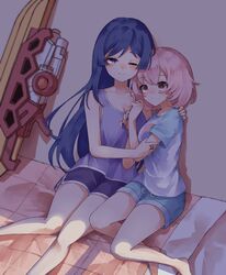  2girls against_wall amahara_nue aqua_shorts arm_around_shoulder arms_up assault_lily bare_arms bare_legs barefoot bed blanket blue_hair breasts brown_eyes camisole cleavage closed_mouth collarbone commentary dolphin_shorts feet_out_of_frame hair_down half-closed_eye hand_on_another&#039;s_arm hand_on_another&#039;s_shoulder heads_together highres hitotsuyanagi_riri indoors itou_shizu_(assault_lily) jewelry long_hair looking_ahead looking_at_viewer medium_breasts multiple_girls on_bed one_eye_closed pink_hair purple_camisole purple_eyes purple_shorts ring shade shadow shirt short_hair short_sleeves shorts side-by-side side_slit side_slit_shorts sitting smile swept_bangs very_long_hair weapon white_shirt yuri 