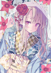  anemone_(flower) blonde_hair blue_kimono closed_mouth commentary_request egasumi female floral_background floral_print flower hair_flower hair_ornament hand_up hoshino_koucha japanese_clothes kanoko_(pattern) kanzashi kikkoumon kimono long_hair looking_at_viewer new_year obi original ponytail red_eyes red_flower rose sash seigaiha shippou_(pattern) sidelocks smile solo tsumami_kanzashi upper_body wide_sleeves 