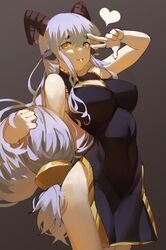  :d animal_ears bare_shoulders black_dress bolt_(min_lona) breasts brown_background china_dress chinese_clothes cleavage dress female goat_ears goat_girl goat_horns grey_hair grin heart highres horns long_hair looking_at_viewer original simple_background sleeveless sleeveless_dress smile solo standing teeth tomatolover16 v yellow_eyes 