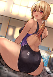  :d ass blonde_hair blurry blurry_background competition_swimsuit female from_behind highres huge_ass indoors kihou_no_gotoku_dmc long_hair looking_at_viewer looking_back low_twintails one-piece_swimsuit open_mouth original pool red_eyes sitting smile solo swimsuit twintails water 