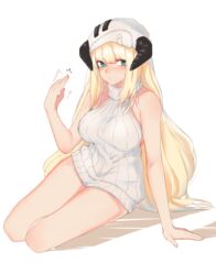  arknights bad_id bad_pixiv_id blonde_hair blush breasts demon_horns fanning_face female green_eyes hat horns horns_through_headwear inniyik long_hair looking_at_viewer nightingale_(arknights) ribbed_sweater shadow sidelocks simple_background sitting sleeveless sleeveless_sweater solo sweater very_long_hair white_background white_hat 